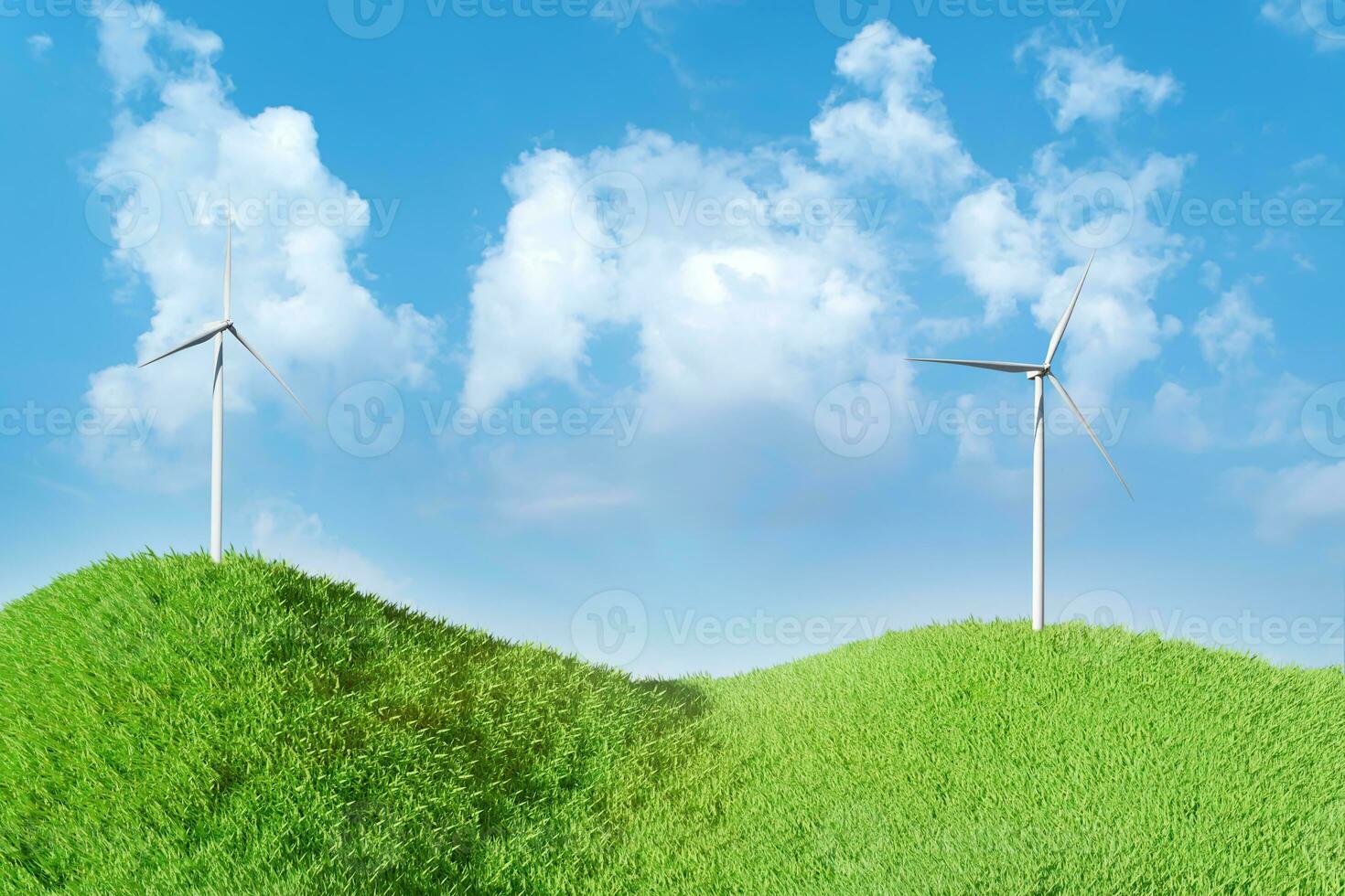 rendering 3D. paesaggio con turbina eolica in campo verde su sfondo blu cielo. concetto ambientale di ecologia. foto