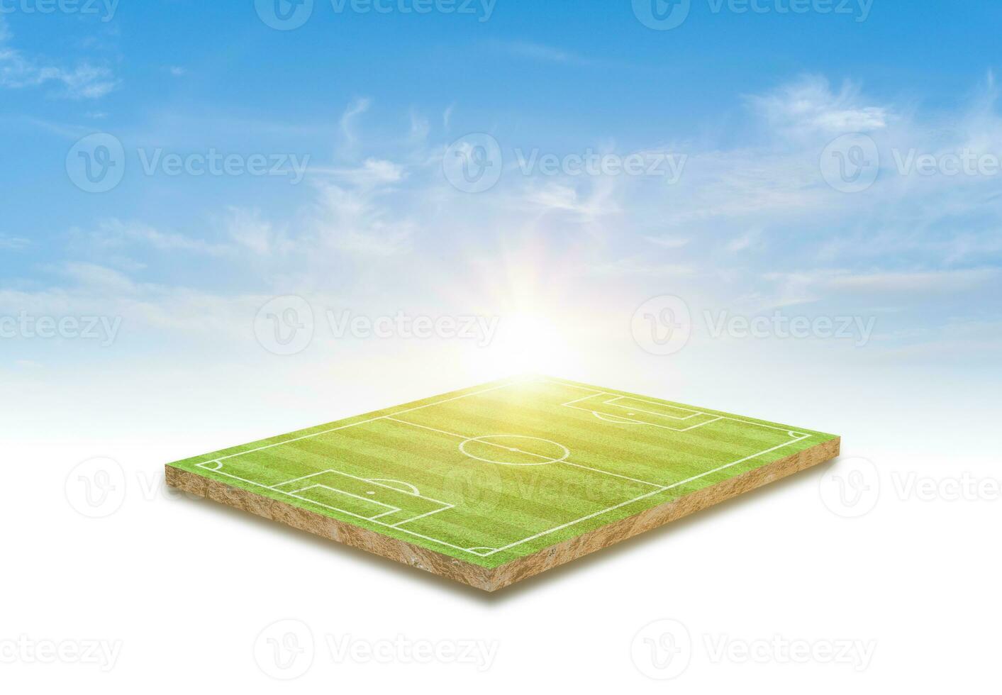 rendering 3D. campo da calcio in erba verde e sfondo nuvola cielo. foto