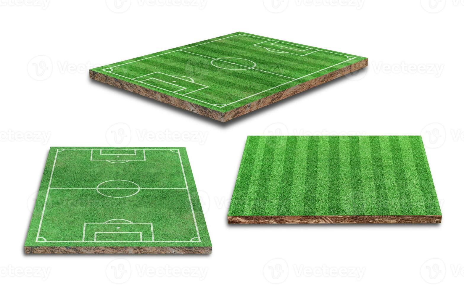 rendering 3D. collezione di campi da calcio in erba verde isolata su sfondo bianco. prospettiva diversa foto