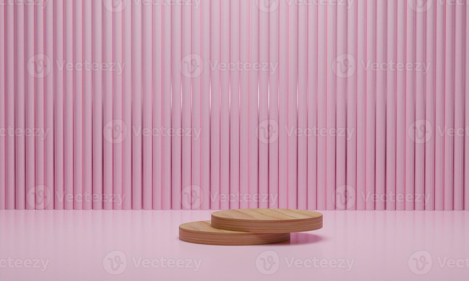 rendering 3D. scena minimale astratta con motivi geometrici. podio in legno su sfondo di colore rosa. scena per la visualizzazione di prodotti cosmetici. foto