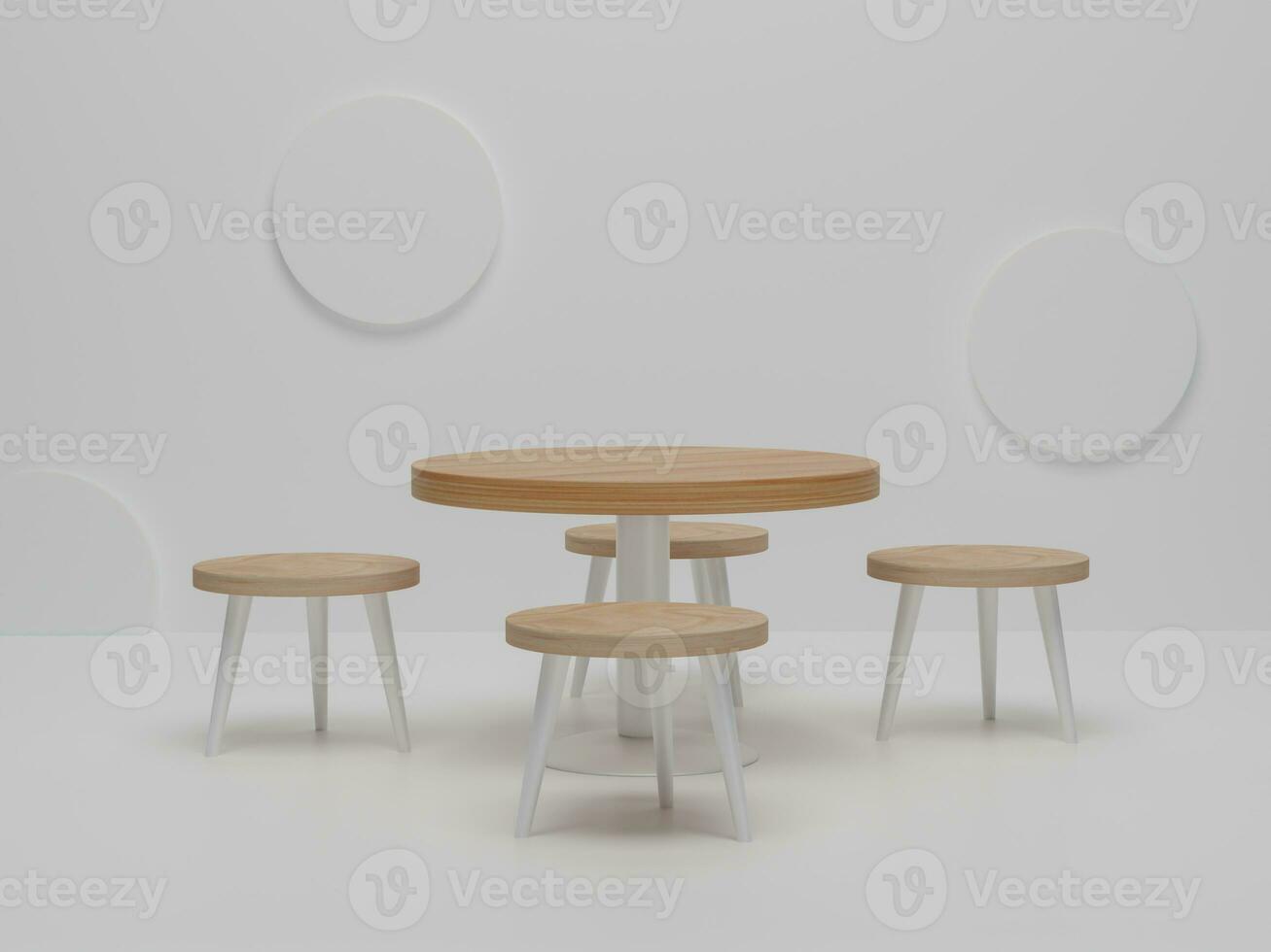 sala da pranzo minimalista astratta con sedie e tavolo in legno. design astratto della sala da pranzo di scena minimale. rendering 3d, illustrazione 3d foto