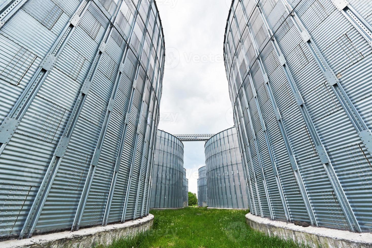 silos agricoli. esterno dell'edificio. stoccaggio ed essiccazione di cereali, grano, mais, soia, girasole contro il cielo blu con nuvole bianche foto