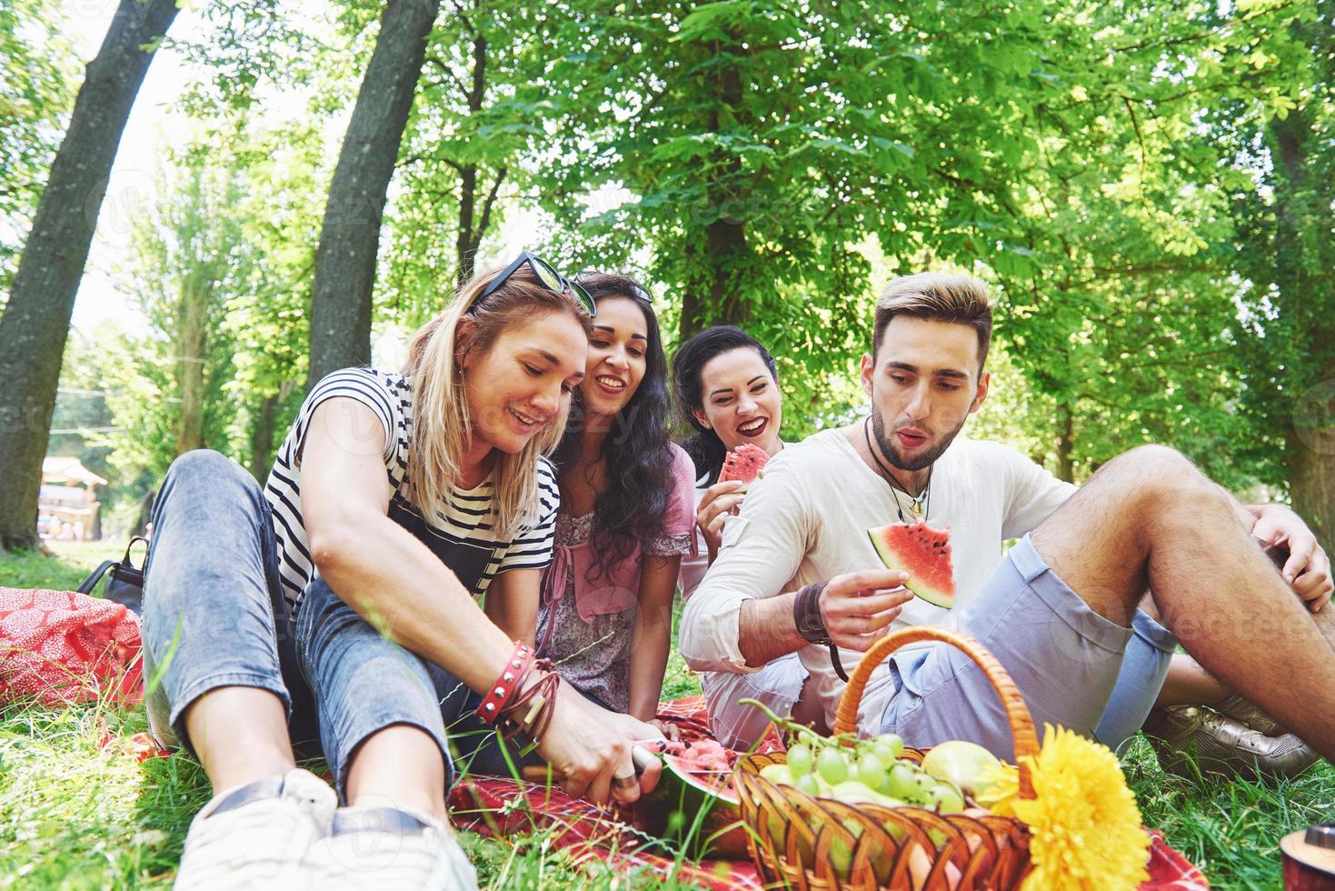 gruppo di amici che fanno picnic in un parco in una giornata di sole - persone che escono, si divertono mentre grigliano e si rilassano foto