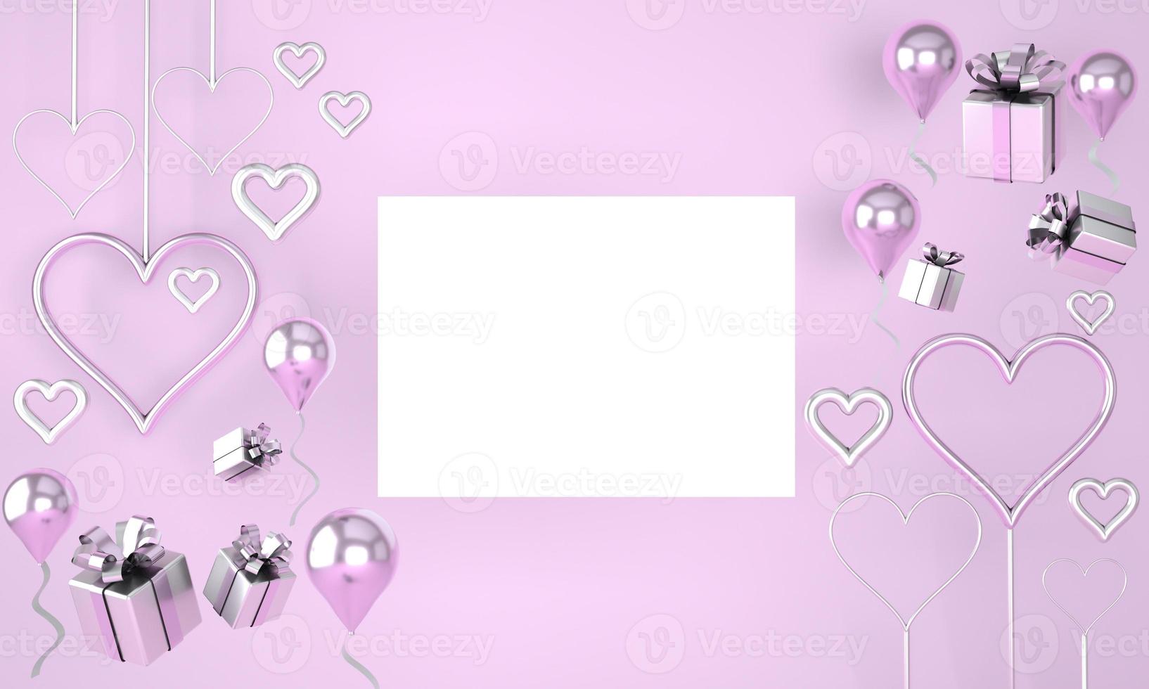 Interni di rendering 3D con palloncini, cornice per poster mock up, confezione regalo nella stanza. spazio vuoto per feste, banner promozionali sui social media, poster. biglietto di san valentino foto