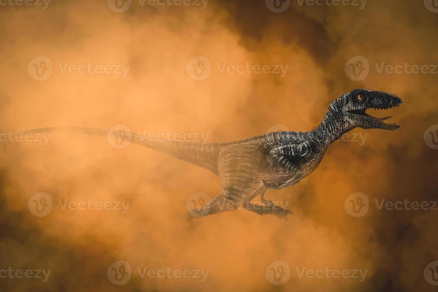 velociraptor, dinosauro su sfondo di fumo foto