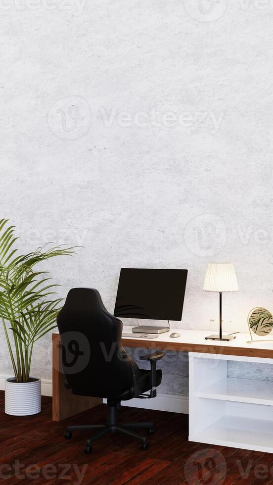 sfondo della stanza di lavoro dell'ufficio con computer da tavolo e sedia da ufficio, rendering 3d foto