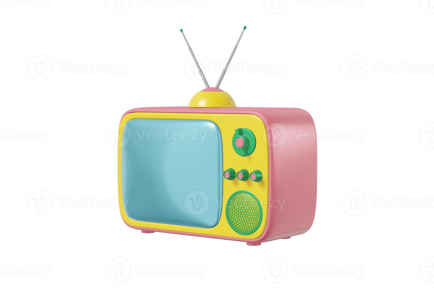 televisore con antenna in stile cartone animato rosa brillante colore giallo isolato sfondo bianco. concetto di design vintage minimalista. rendering 3D foto