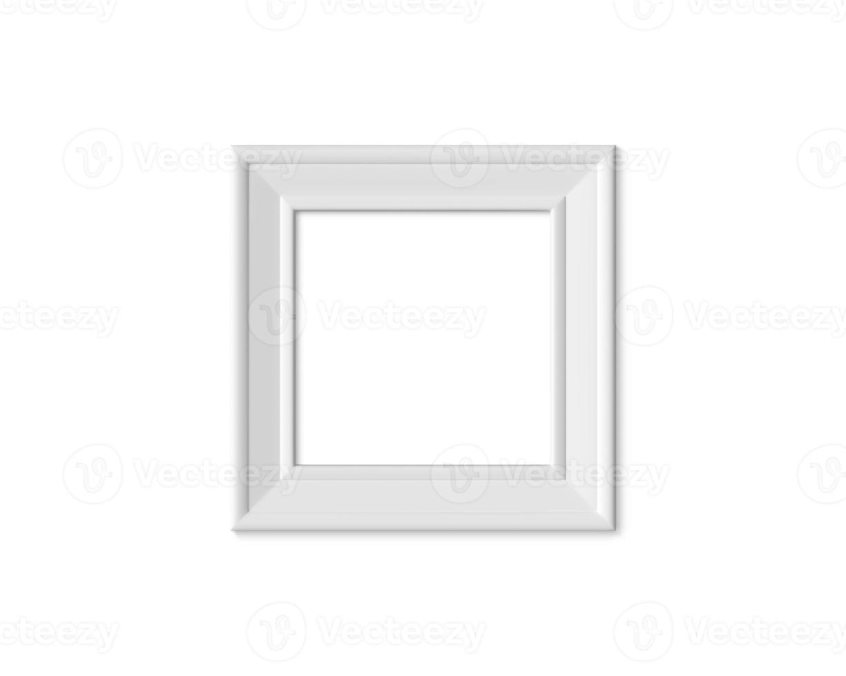 Mockup di cornice quadrata 1x1. cartoncino realistico, bianco in legno o plastica per fotografie. cornice poster isolata mock up modello su sfondo bianco. rendering 3d. foto