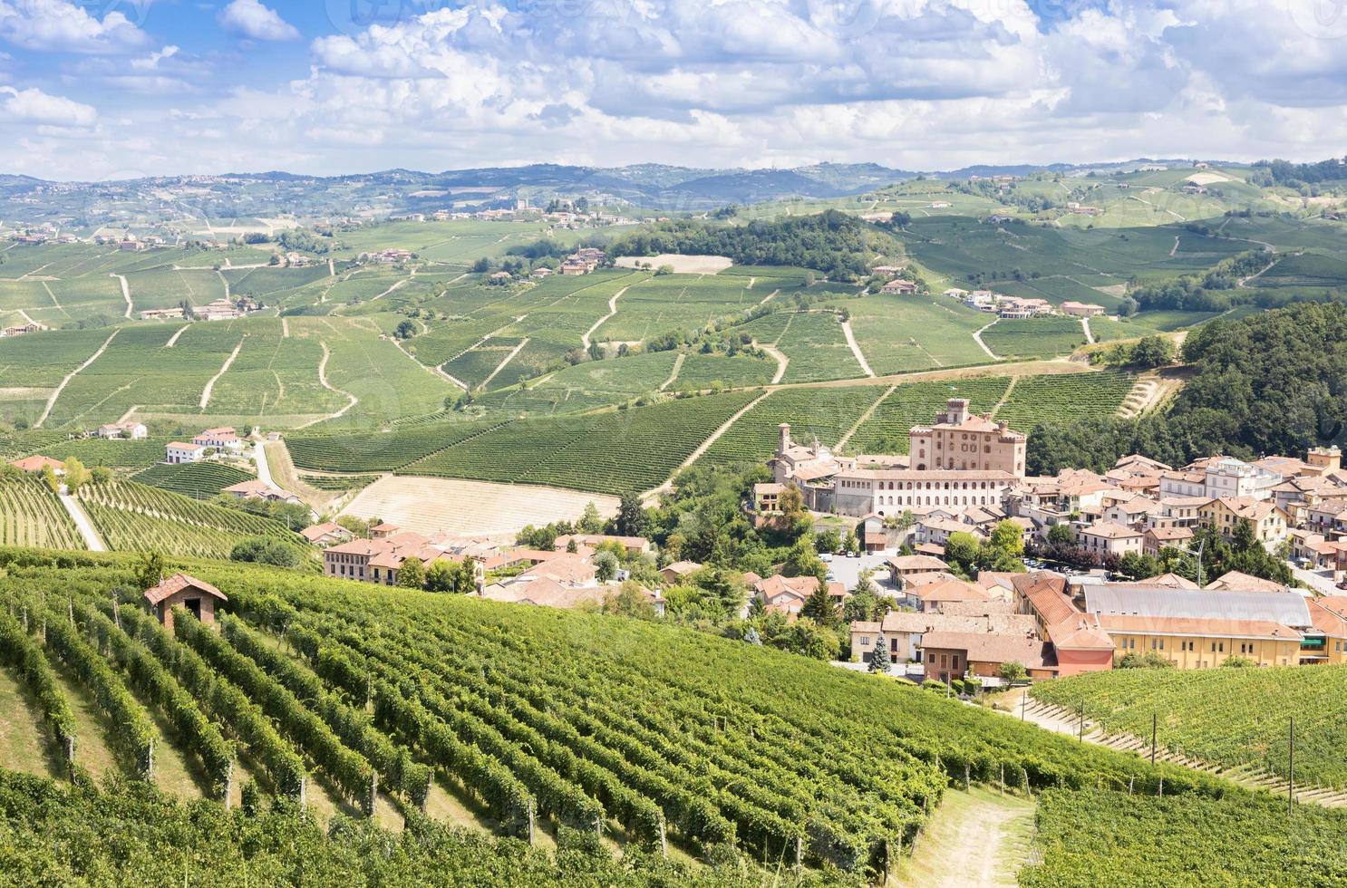 campagna panoramica in regione piemonte, italia. panoramica collina dei vigneti con il famoso castello del barolo. foto