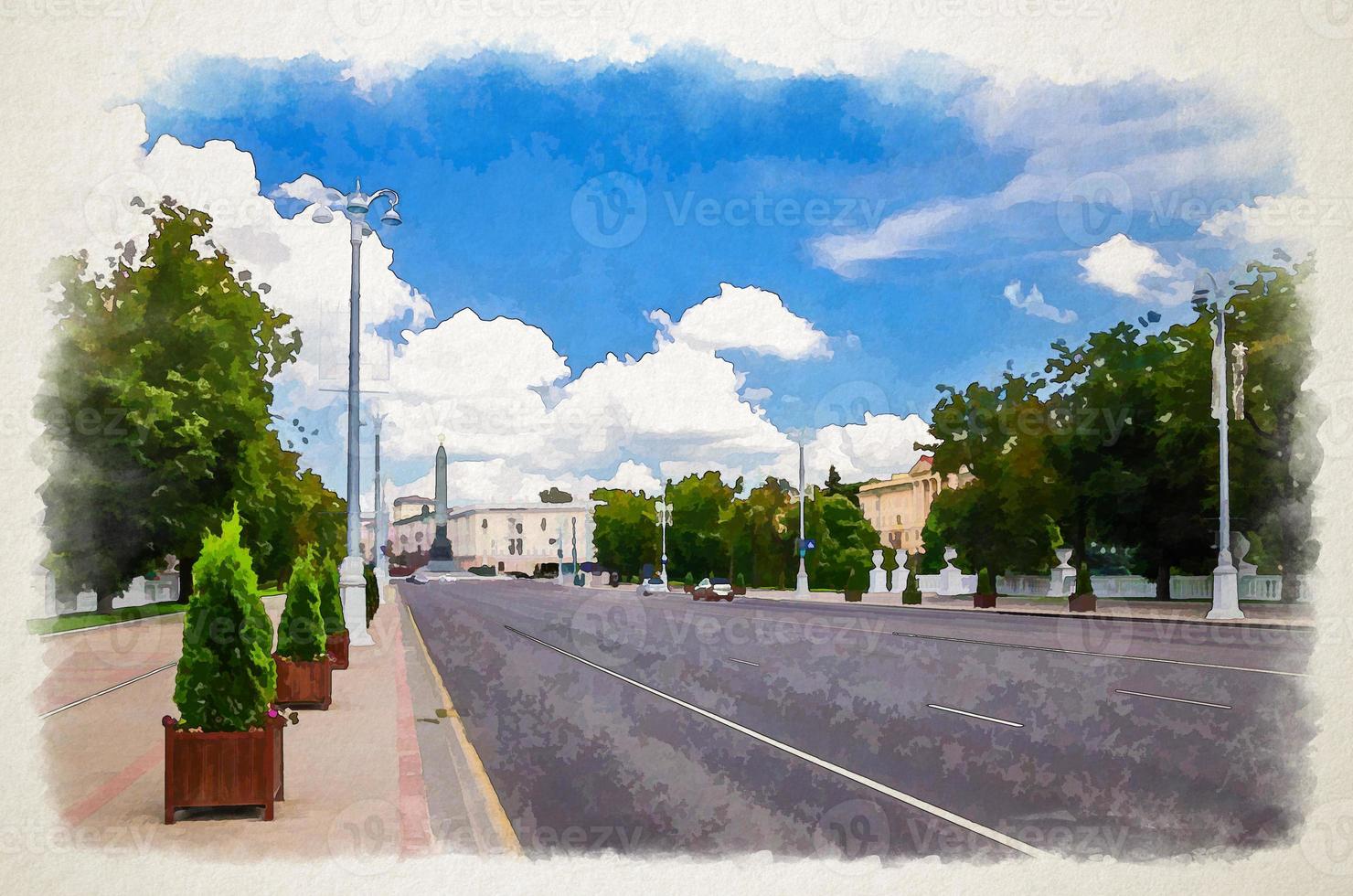 disegno ad acquerello del viale dell'indipendenza con marciapiede e vista di piazza della vittoria con monumento in granito della vittoria nel centro storico della città di minsk foto