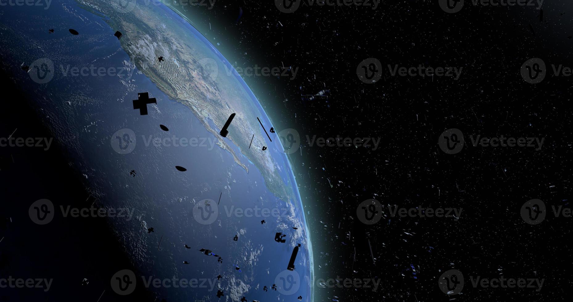 detriti spaziali che galleggiano nell'orbita del pianeta terra. vecchi satelliti, razzi di supporto, pezzi di metallo sono una minaccia perché possono entrare in collisione con i nuovi satelliti. illustrazione 3d foto
