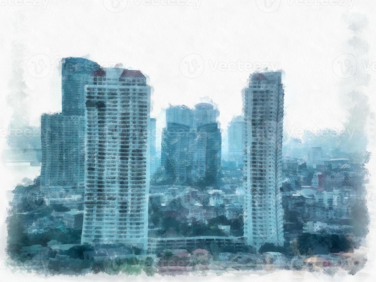 paesaggio urbano con edifici alti in stile acquerello illustrazione pittura impressionista. foto