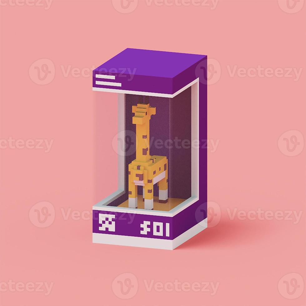 Rendering 3d voxel cube giraffe isometriche animale nella scatola viola foto