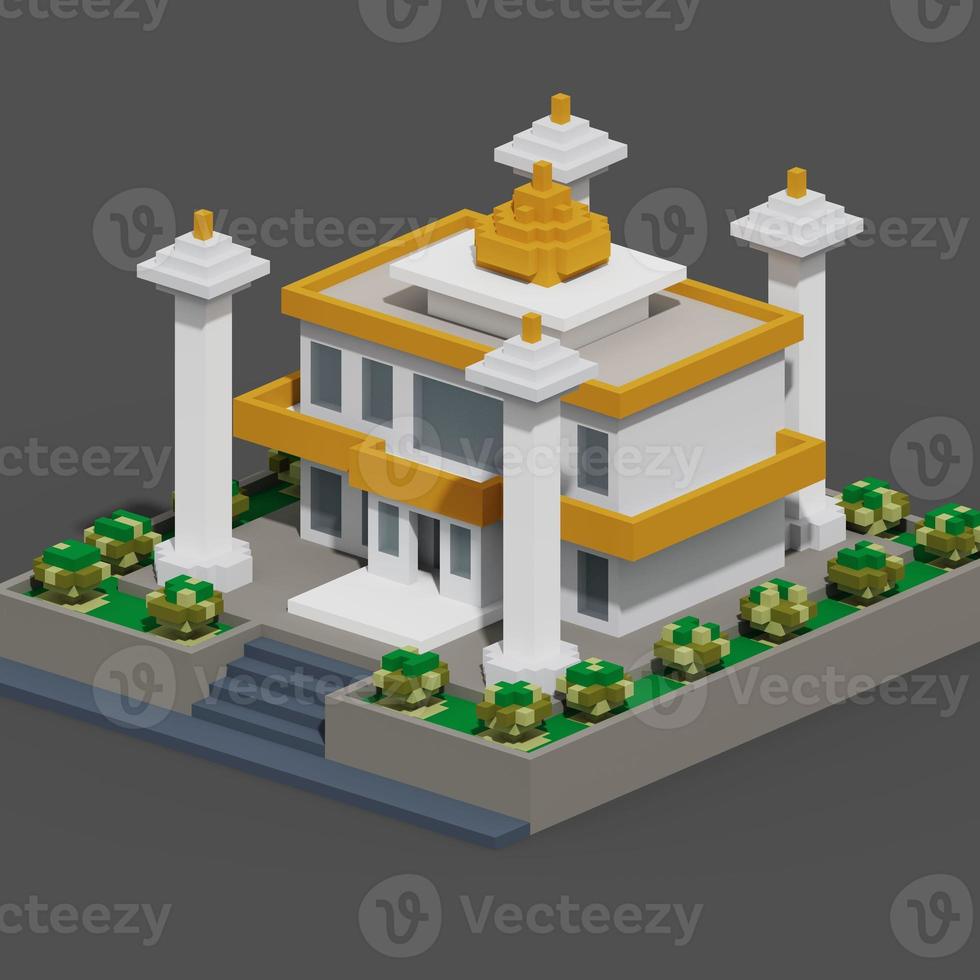 Rendering 3d voxel dell'illustrazione della moschea con combinazione di colori verde, giallo, bianco e grigio. perfetto per eventi islamici e banner di biglietti di auguri foto