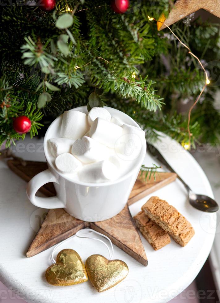 caffè in una tazza bianca con marshmallow. caffè festivo mattutino con i tradizionali cantuccini italiani alle mandorle. una tazza di caffè su uno sfondo di rami di abete verde su un supporto bianco. foto