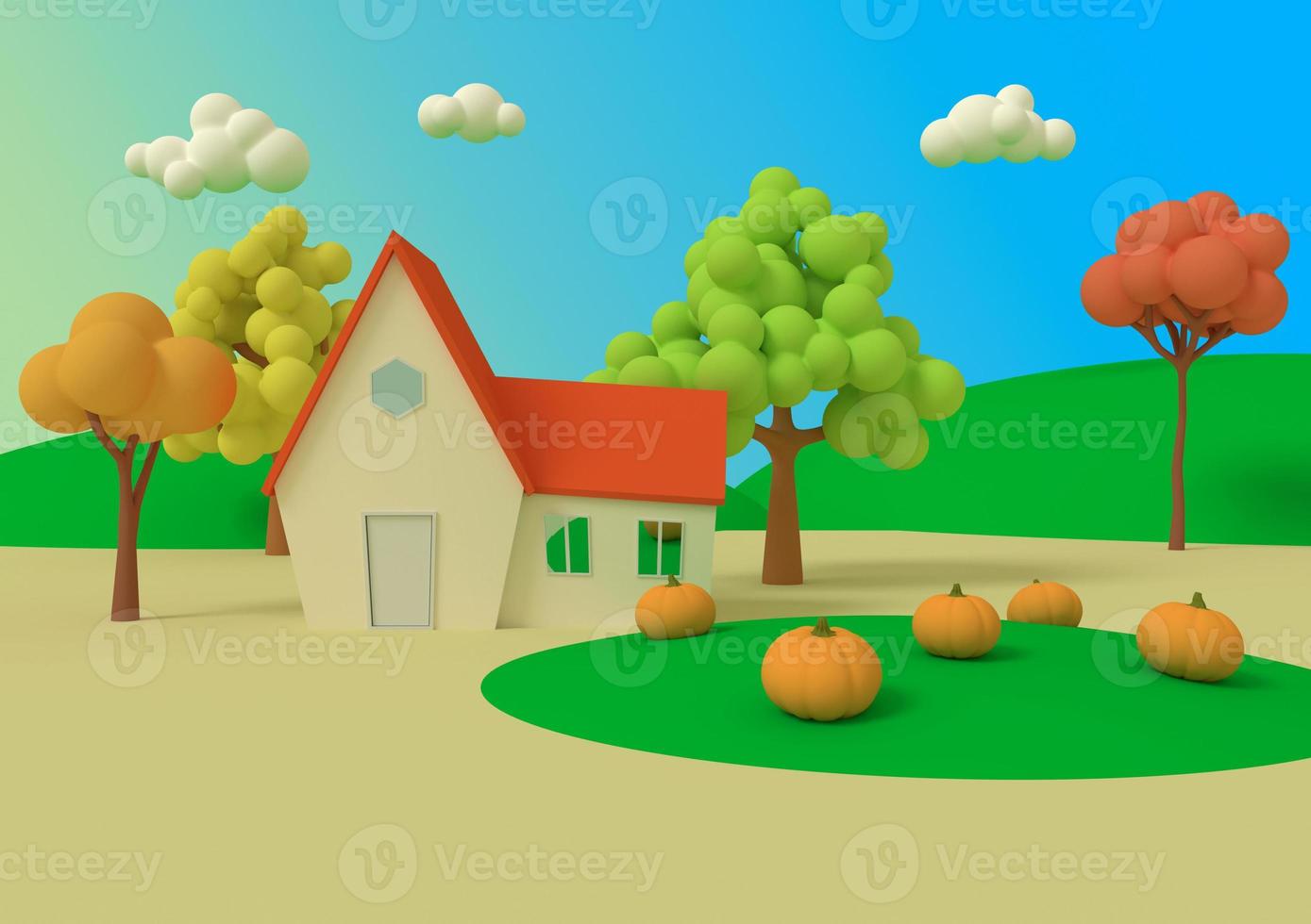 pittoresco paesaggio rurale con raccolto in stile cartone animato. rendering 3D. casa nel campo delle zucche sullo sfondo dei priori autunnali. foto