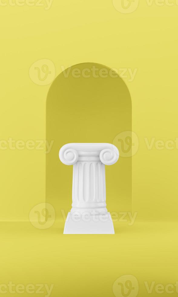 colonna astratta del podio su fondo giallo con arch. il piedistallo della vittoria è un concetto minimalista. rendering 3D. foto