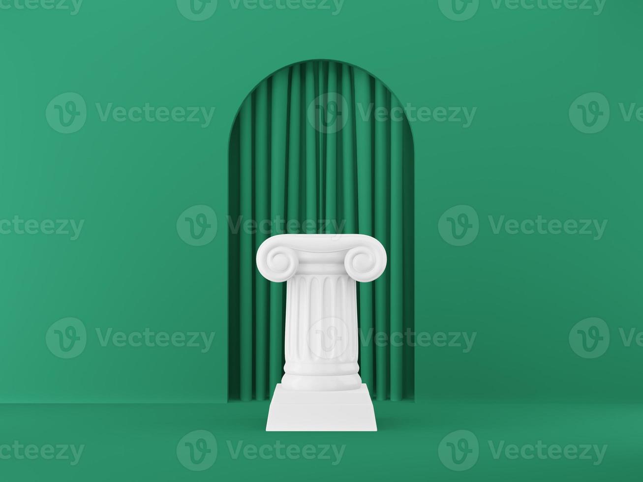 colonna astratta del podio su fondo verde con arch. il piedistallo della vittoria è un concetto minimalista. rendering 3D. foto