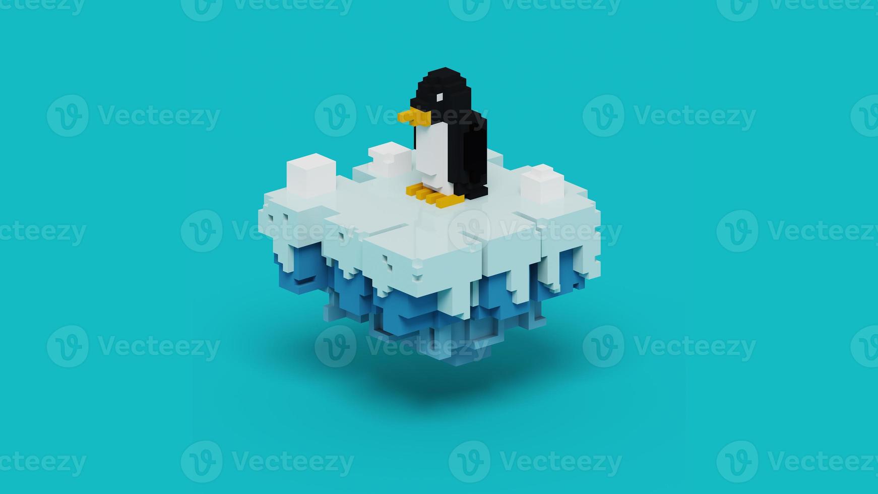 Rendering 3d del pinguino voxel sull'illustrazione dell'isola di neve galleggiante. utilizzando la combinazione di colori nero, arancione, bianco e blu. foto