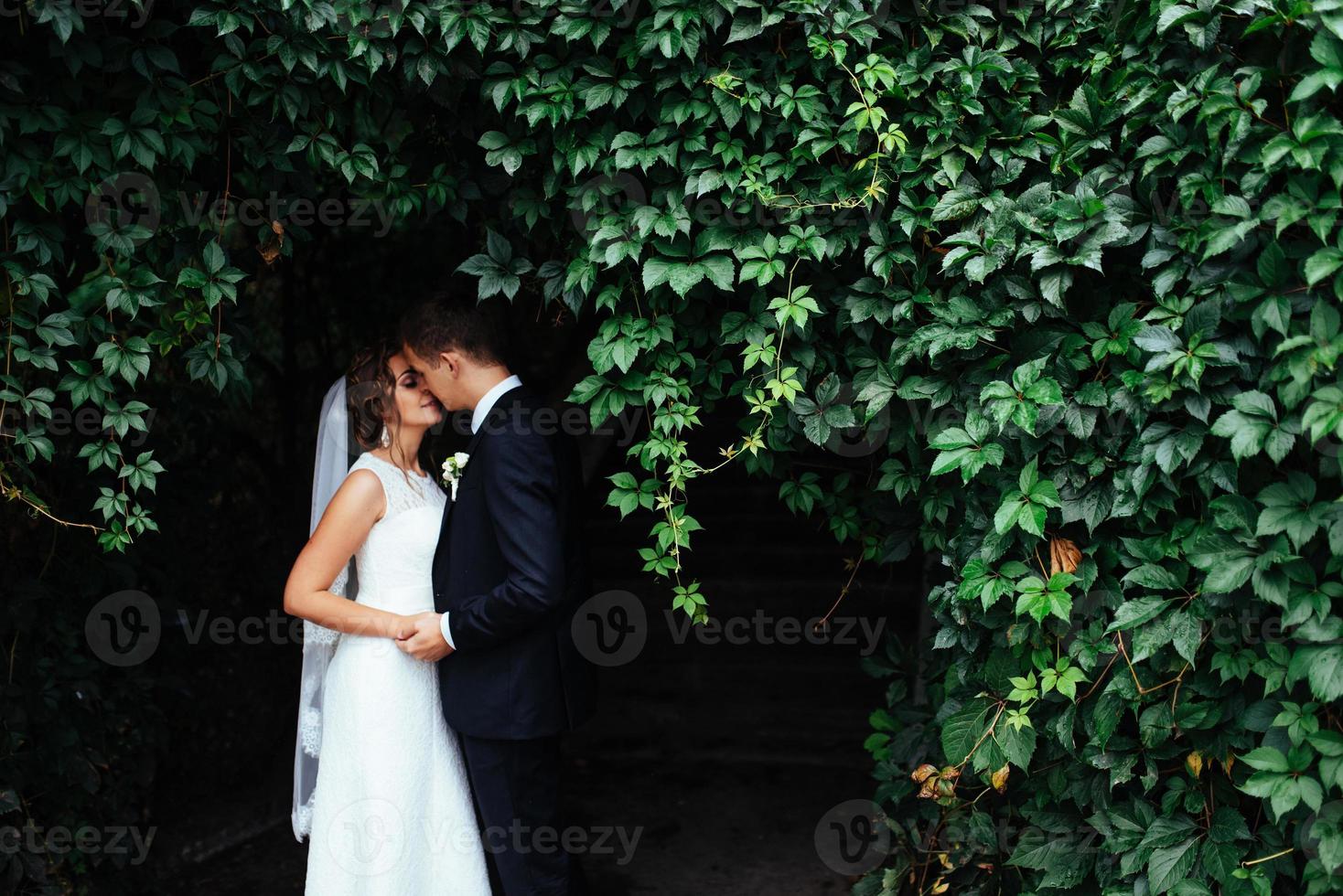 bella giovane coppia di sposi che si baciano, sposa bionda con fiore foto