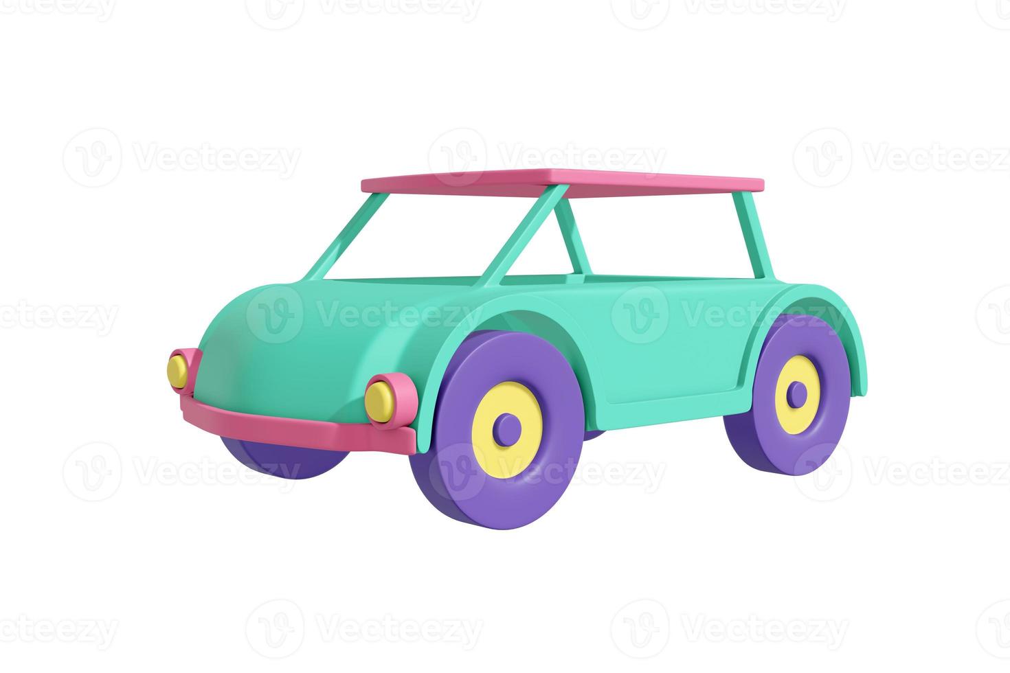 autovettura in stile cartone animato design realistico verde pastello, corallo, giallo, viola. giocattolo per bambini isolato sfondo bianco. concetto di trasporto minimalista. rendering 3D. foto