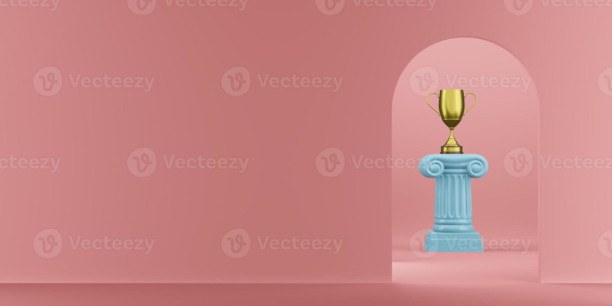 colonna astratta blu del podio con un trofeo d'oro su sfondo rosa con arco. il piedistallo della vittoria è un concetto minimalista. rendering 3D. foto