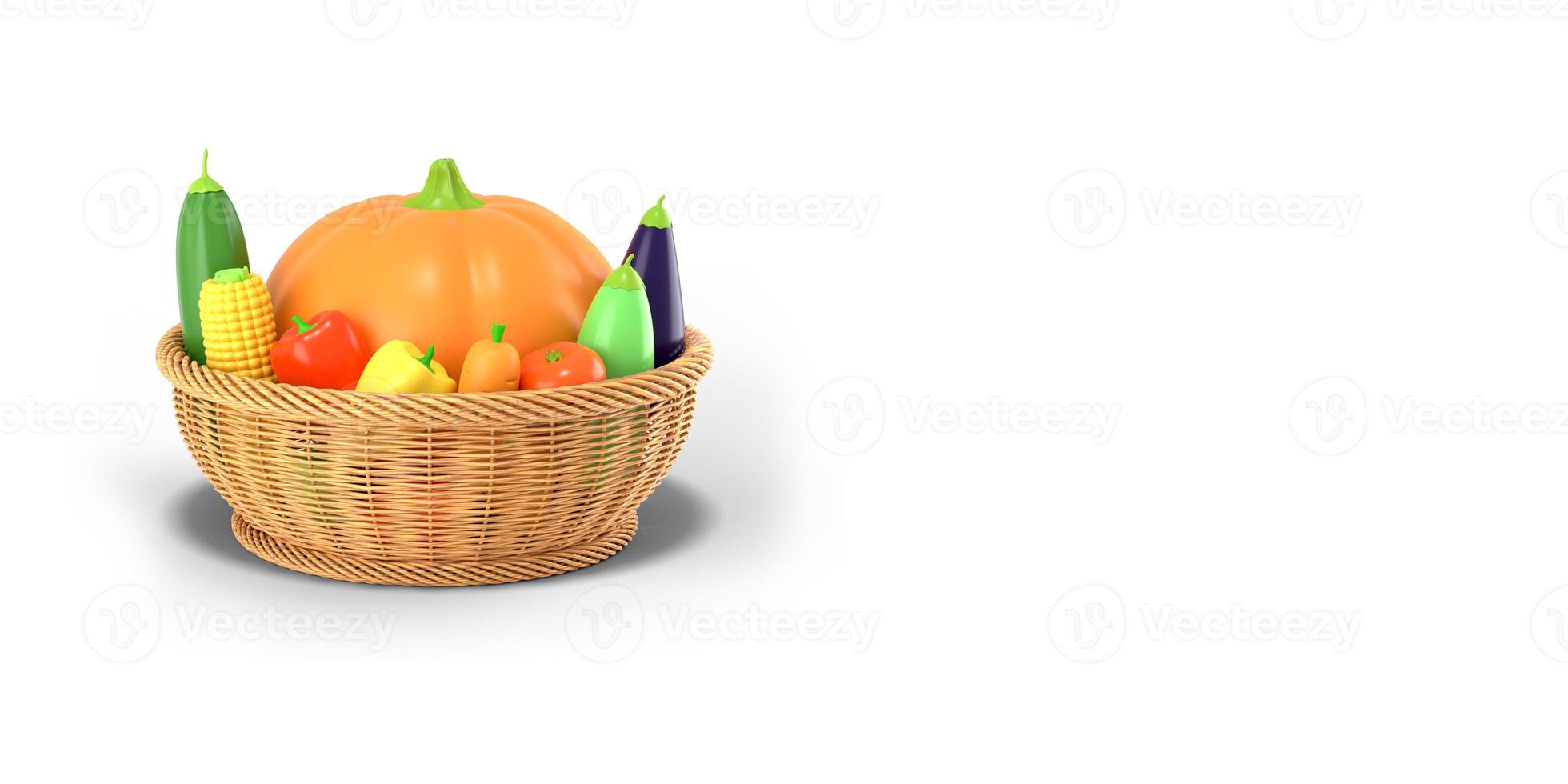 un cesto con un raccolto autunnale di verdure su sfondo bianco. zucca, mais, zucchine, melanzane, pomodori, peperoni in stile cartone animato. rendering 3D. foto