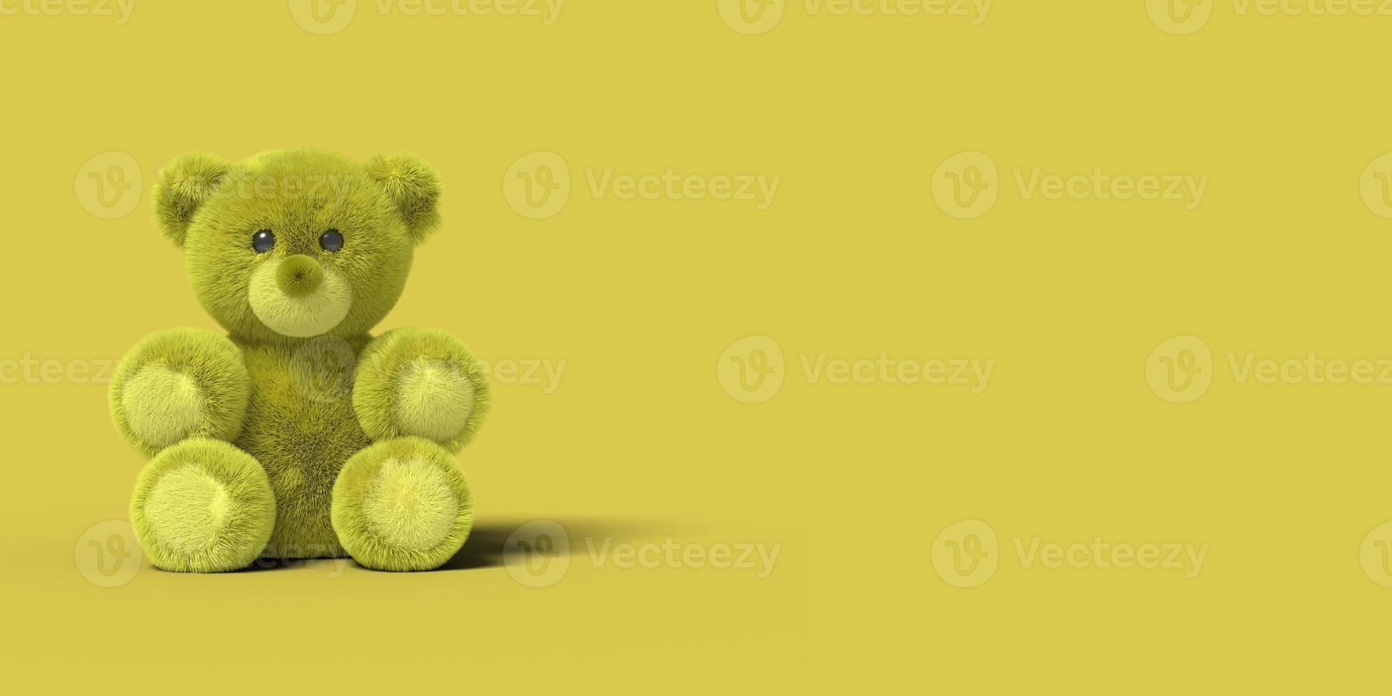 l'orso giocattolo giallo è seduto sul pavimento su uno sfondo giallo. immagine astratta. attività di giocattoli di concetto minimo. rendering 3d. foto