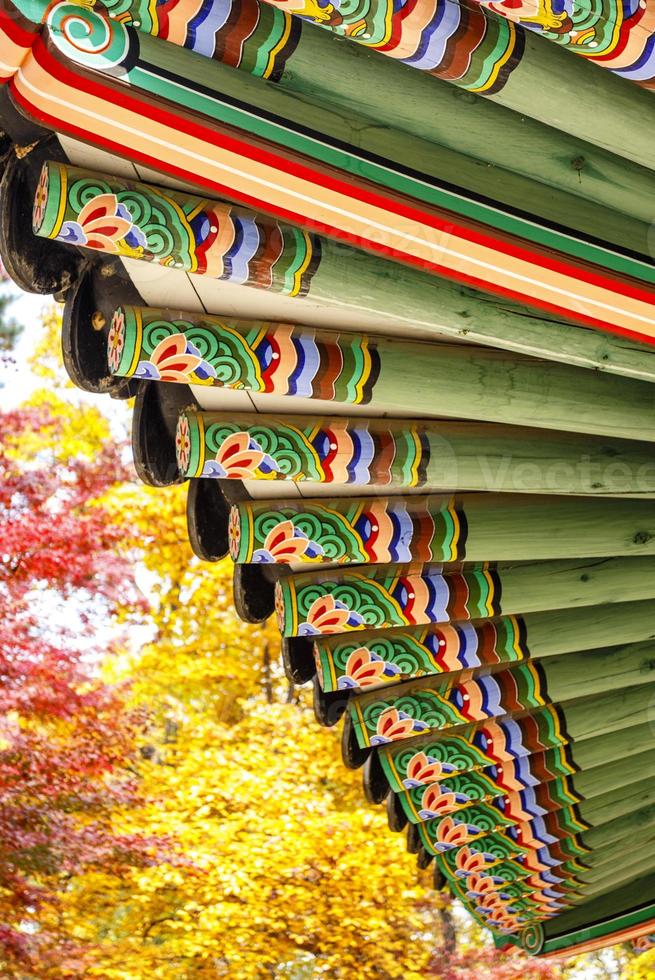 tetto colorato di un padiglione nel parco del palazzo changdeokgung a seoul, corea del sud, asia foto