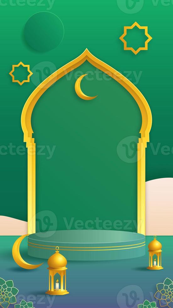 podio di sfondo della storia dei social media a tema ramadan kareem in stile islamico verde e oro 3d per la visualizzazione del prodotto vetrina del prodotto sul piedistallo foto