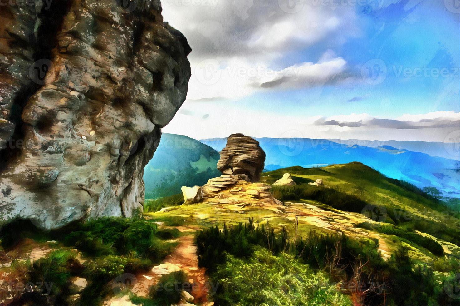 le opere nello stile della pittura ad acquerello. paesaggio di montagna foto