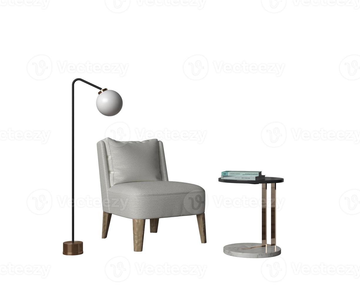 set interno sedia, luce e tavolo isolato rendering 3d su sfondo bianco foto