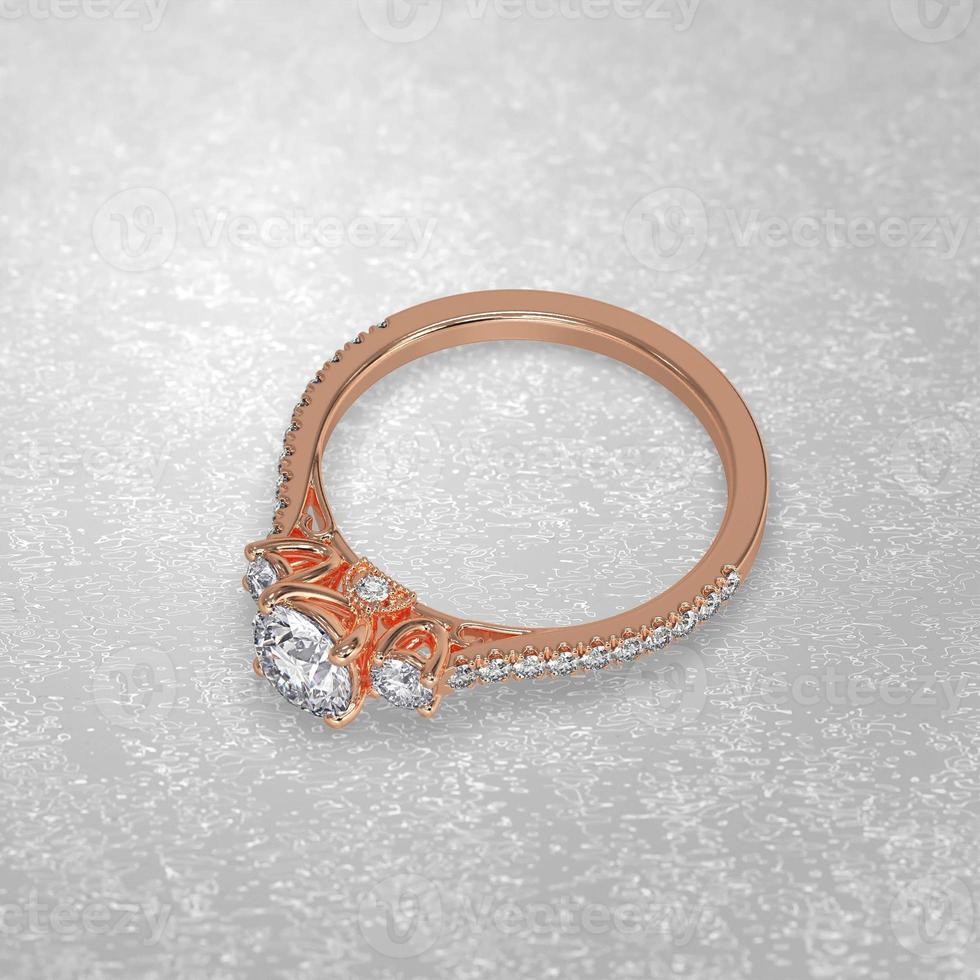 Anello di fidanzamento con 3 pietre che stabilisce la posizione in oro rosa 3d rendering foto