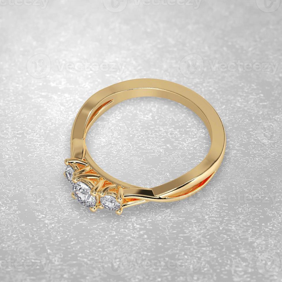 Anello di fidanzamento con 3 pietre che stabilisce la posizione in oro giallo 3d foto