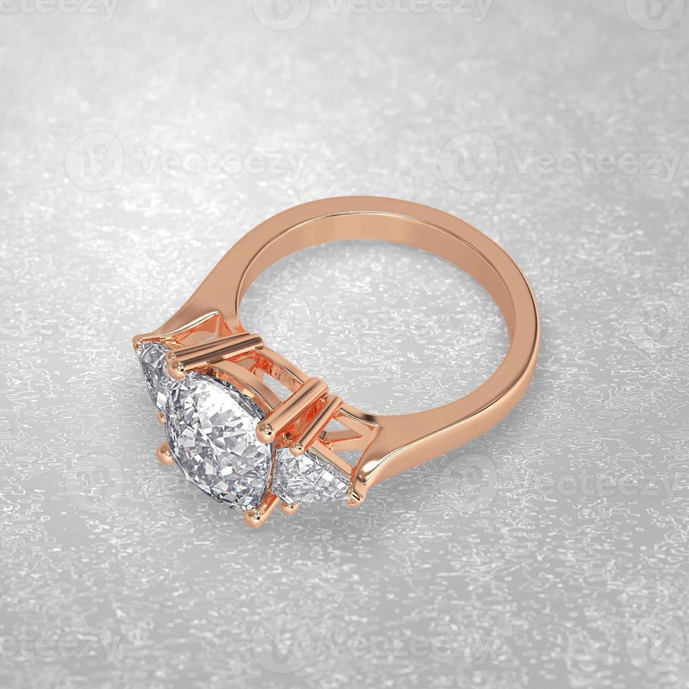 Anello di fidanzamento con 3 pietre che stabilisce la posizione in oro rosa 3d rendering foto