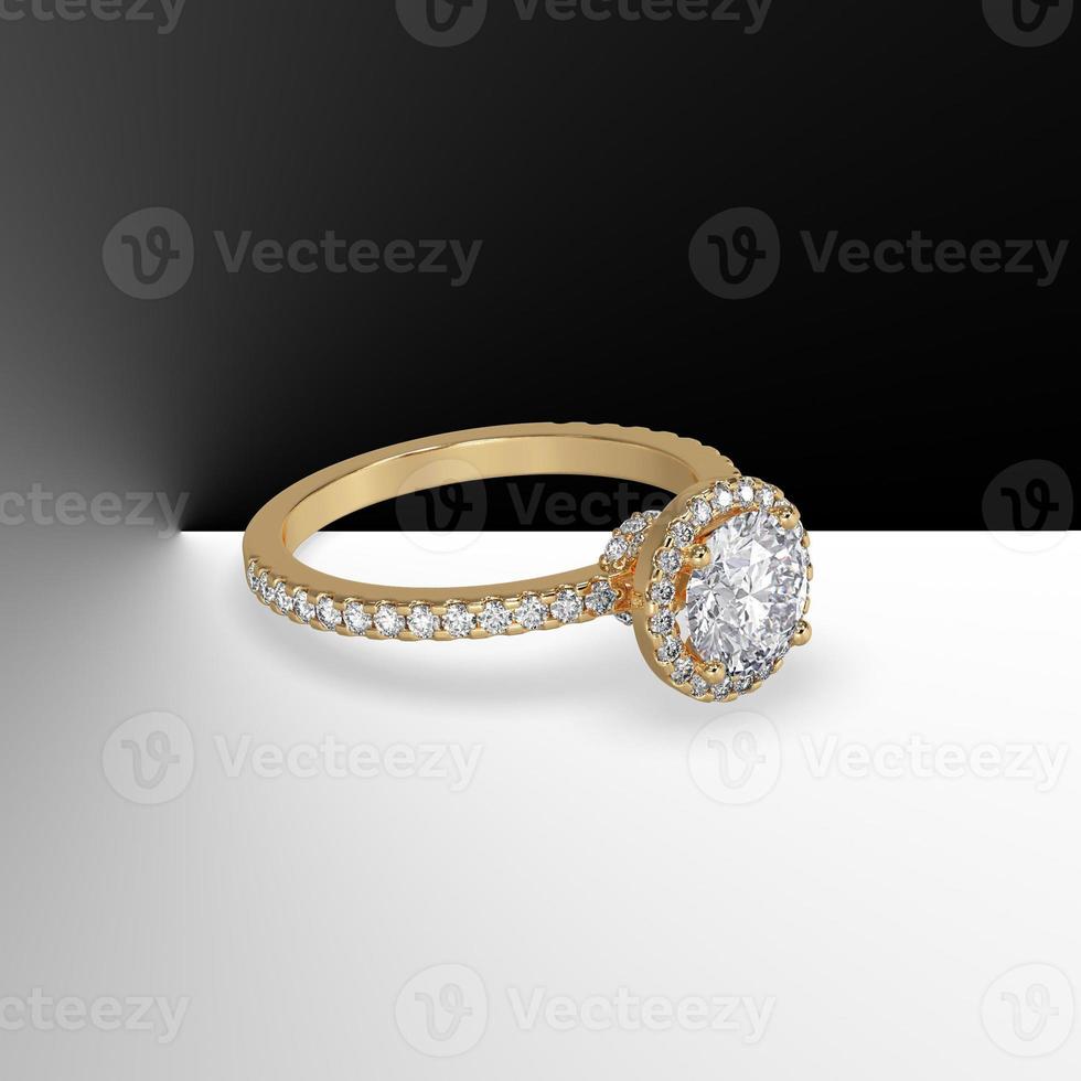 anello di fidanzamento in oro con pietra centrale rotonda e diamanti laterali su gambo rendering 3d foto