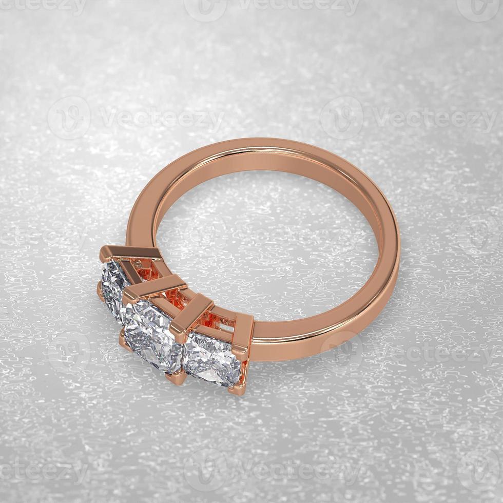 Anello di fidanzamento con 3 pietre che stabilisce la posizione in oro rosa 3d rendering foto