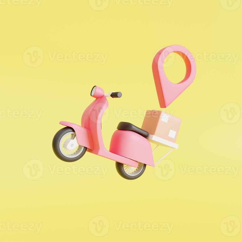 icona, concetto di servizio di consegna scooter, consegna rapida con scooter, ritiro tramite corriere, consegna, servizi di spedizione online. illustrazione 3d foto