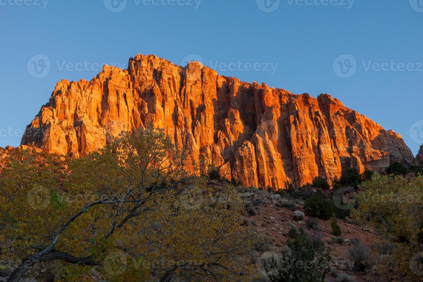 parete rocciosa incandescente al tramonto nel parco nazionale di zion foto