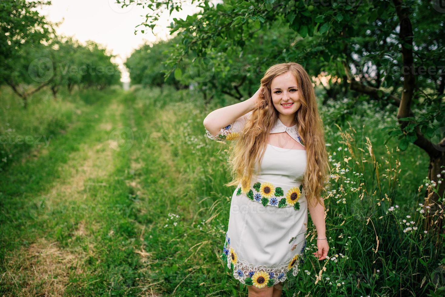 giovane ragazza in abito nazionale ucraino posato al giardino di primavera. foto