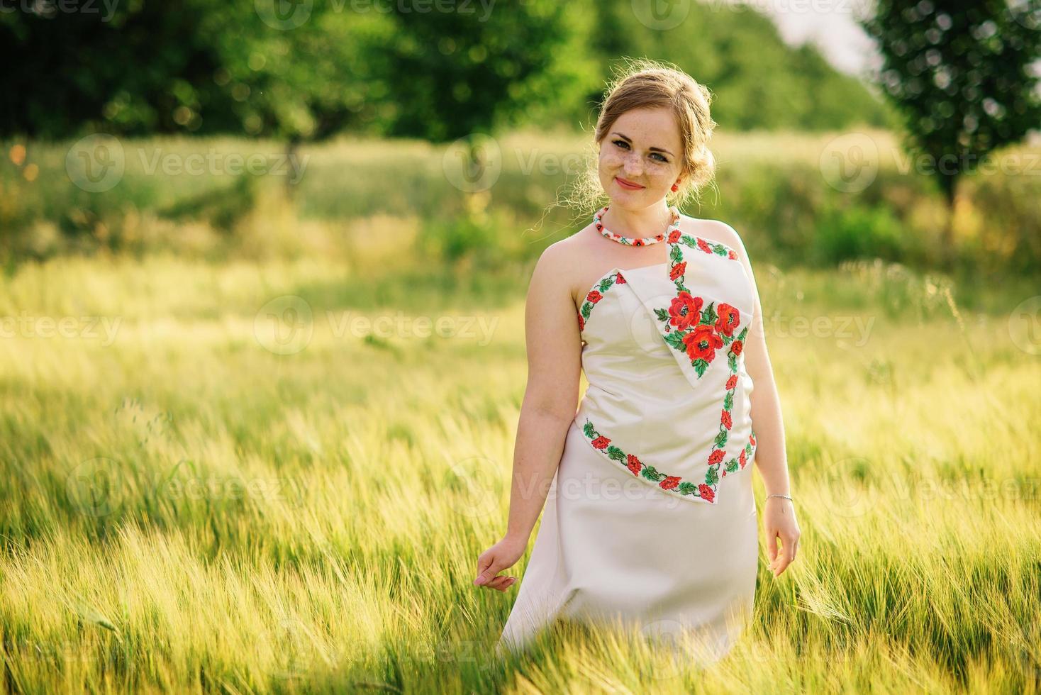 giovane ragazza in abito nazionale ucraino poste al campo di ghirlande. foto