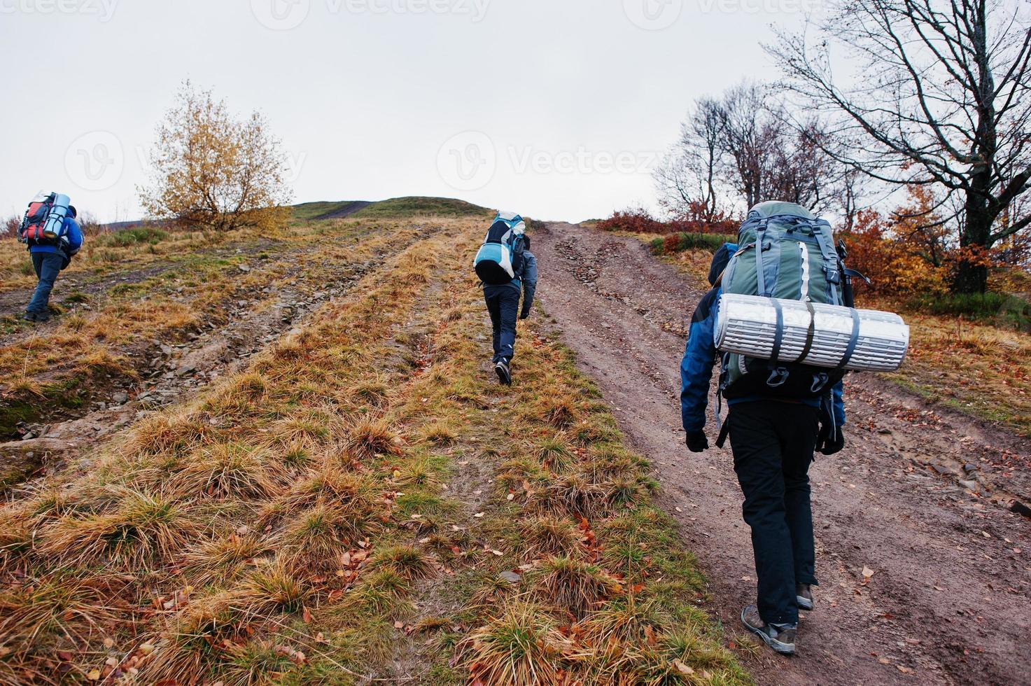 vista posteriore di tre turisti con zaini da viaggio che salgono sulla montagna foto