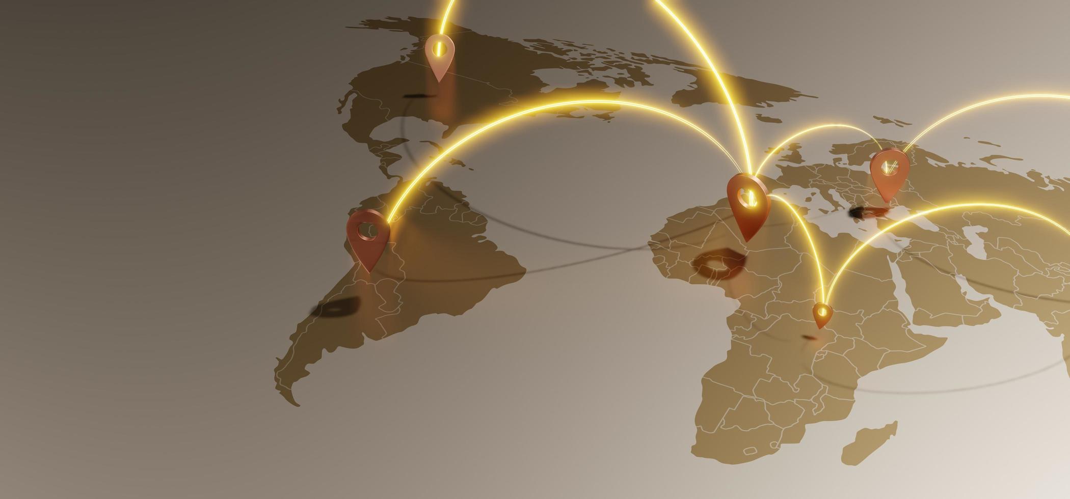 mappa del mondo e perni di coordinate sistema di navigazione gps collegamenti di comunicazione illustrazione 3d foto