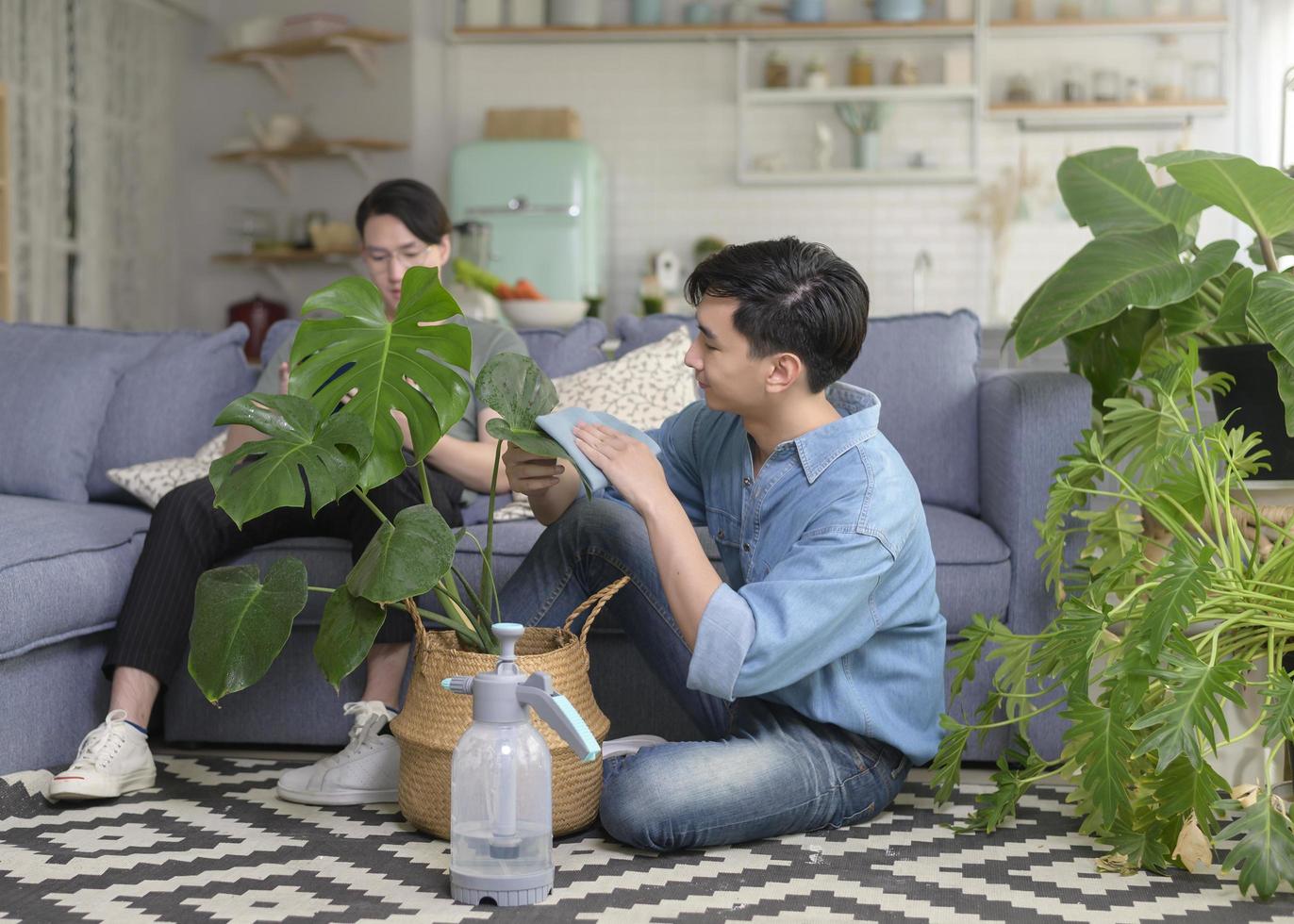 giovane coppia gay sorridente che si prende cura della pianta d'appartamento nel soggiorno di casa, lgbtq e concetto di diversità. foto