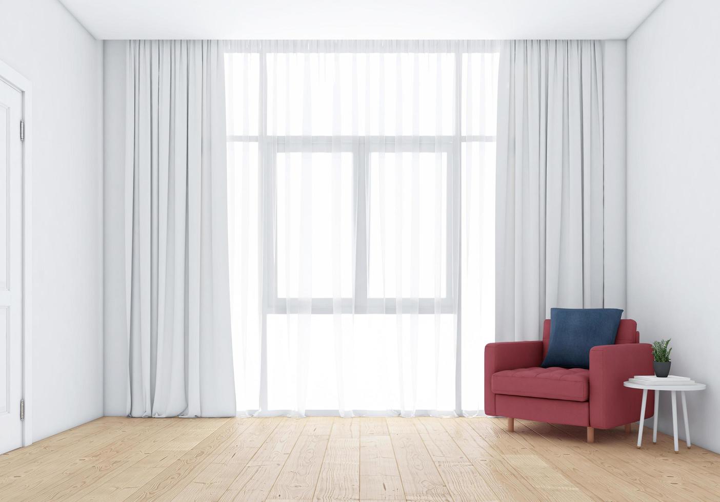 stanza vuota minimalista con finestre e tende bianche, pavimento in legno. rendering 3D foto