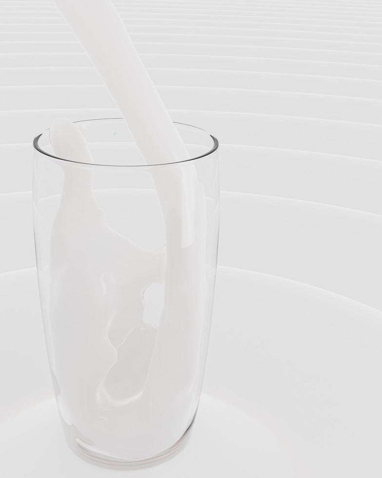 versando il latte bianco con un'onda di latte circolare. latte fresco per uso di concetto di bevanda per sfondo e sfondo. rendering 3D. foto