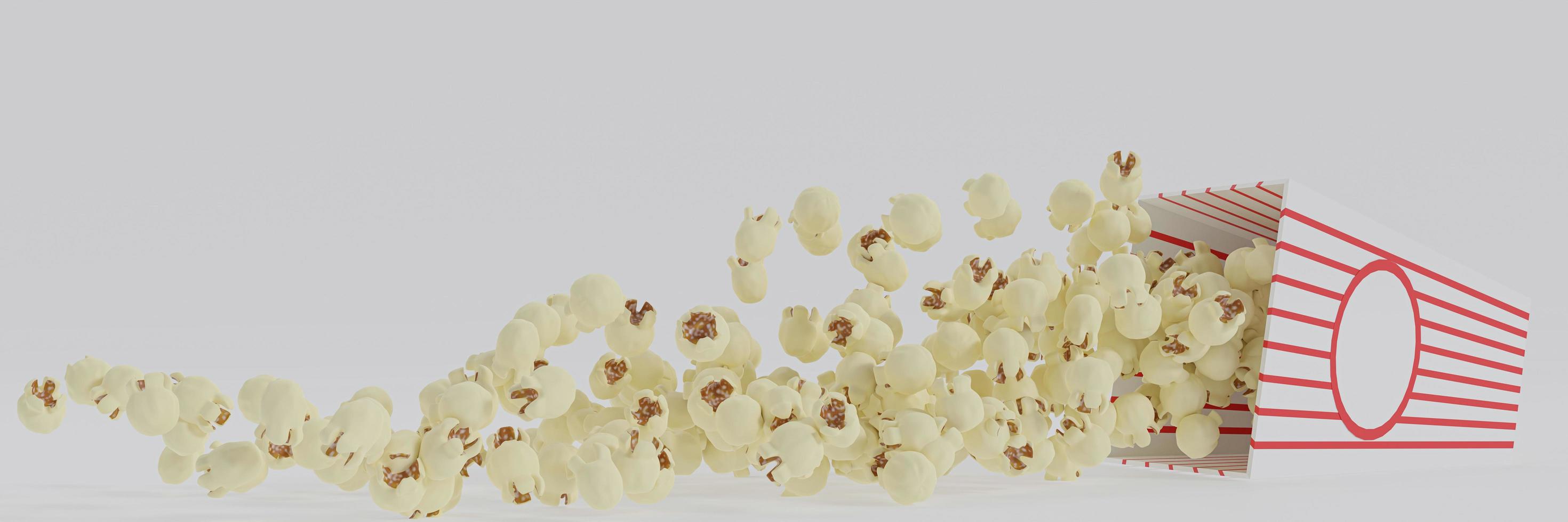 popcorn al burro in secchio di cartone a strisce rosse e bianche isolato su sfondo bianco foto