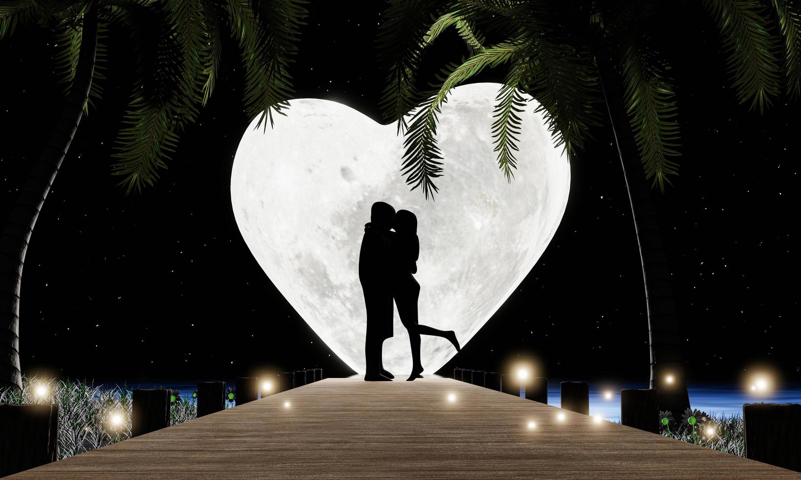 coppia silhouette amore abbracci e baci romantici su un ponte di legno che si protende nel mare. super luna piena sul mare e la spiaggia è un ponte di legno che attraversa le palme da cocco sull'isola. rendering 3D foto