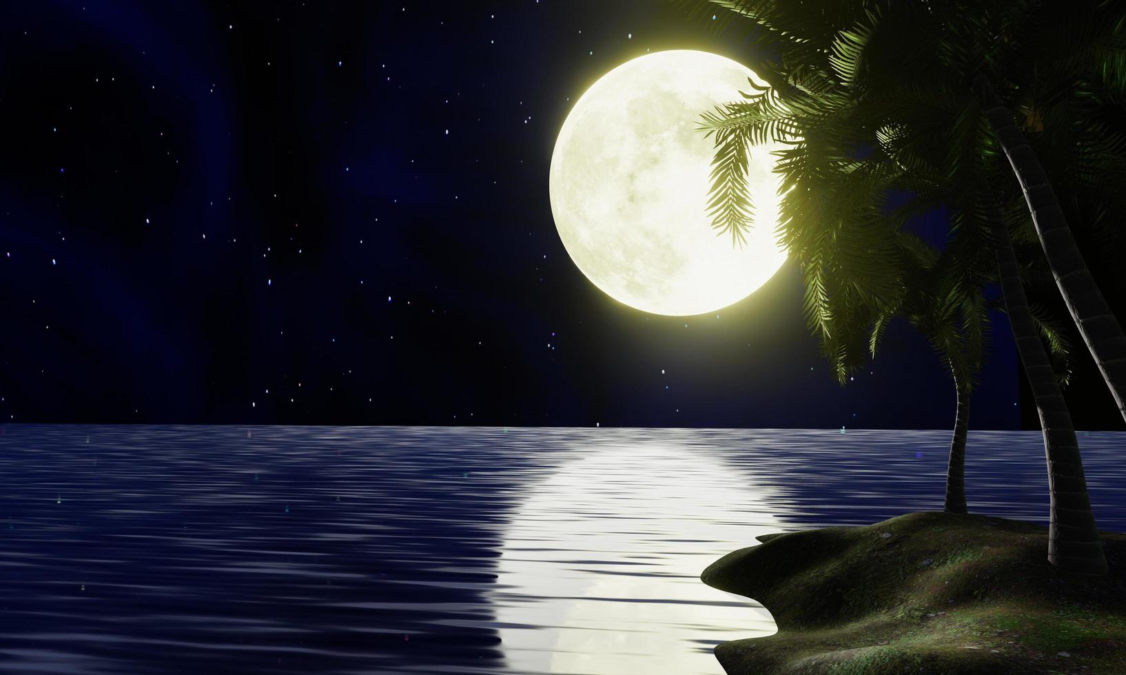 la luna piena giallo oro si riflette nel mare. un'ondata d'acqua dall'oceano all'isola. il cielo ha molte stelle. increspature del mare di notte. ci sono alberi di cocco sull'isola. rendering 3D foto
