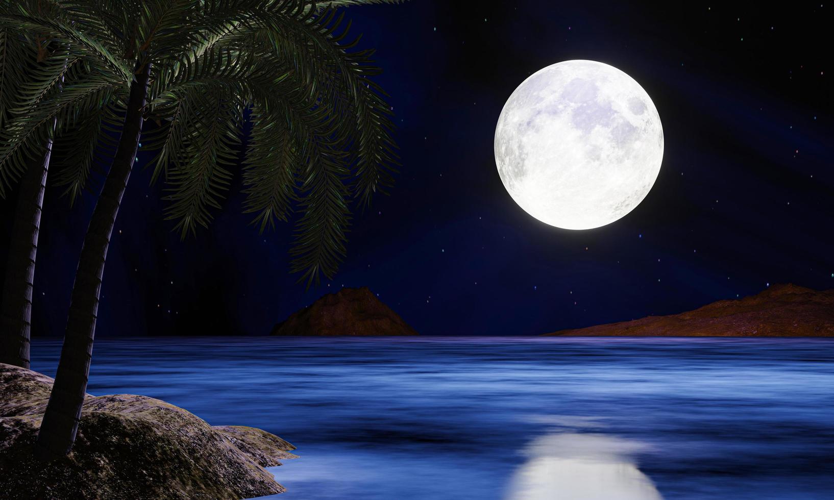 la luna piena blu si riflette nel mare. un'ondata d'acqua dall'oceano all'isola. il cielo ha molte stelle. increspature del mare di notte. rendering 3D foto